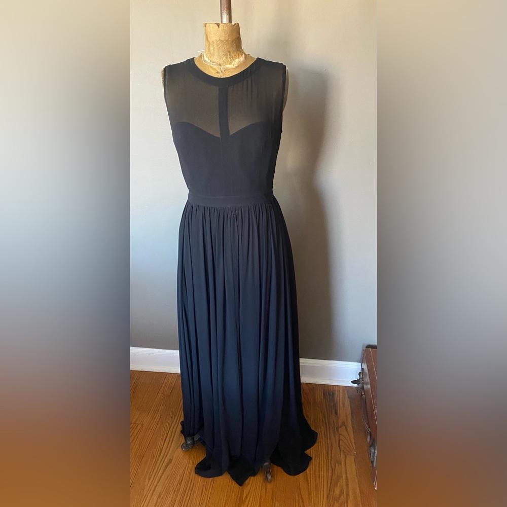 100% Mulberry Silk Black Maxi Dress Sheer Bodice Sleeveless Elegant Evening L